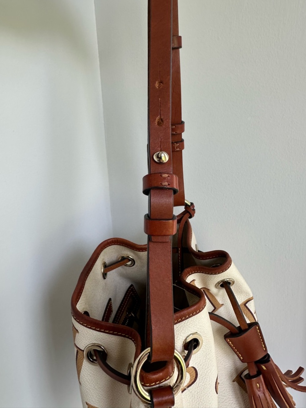 Dooney & Bourke K1169158 Monogram Small Drawstring Shoulder Bag with Tassels. - Picture 5 of 16